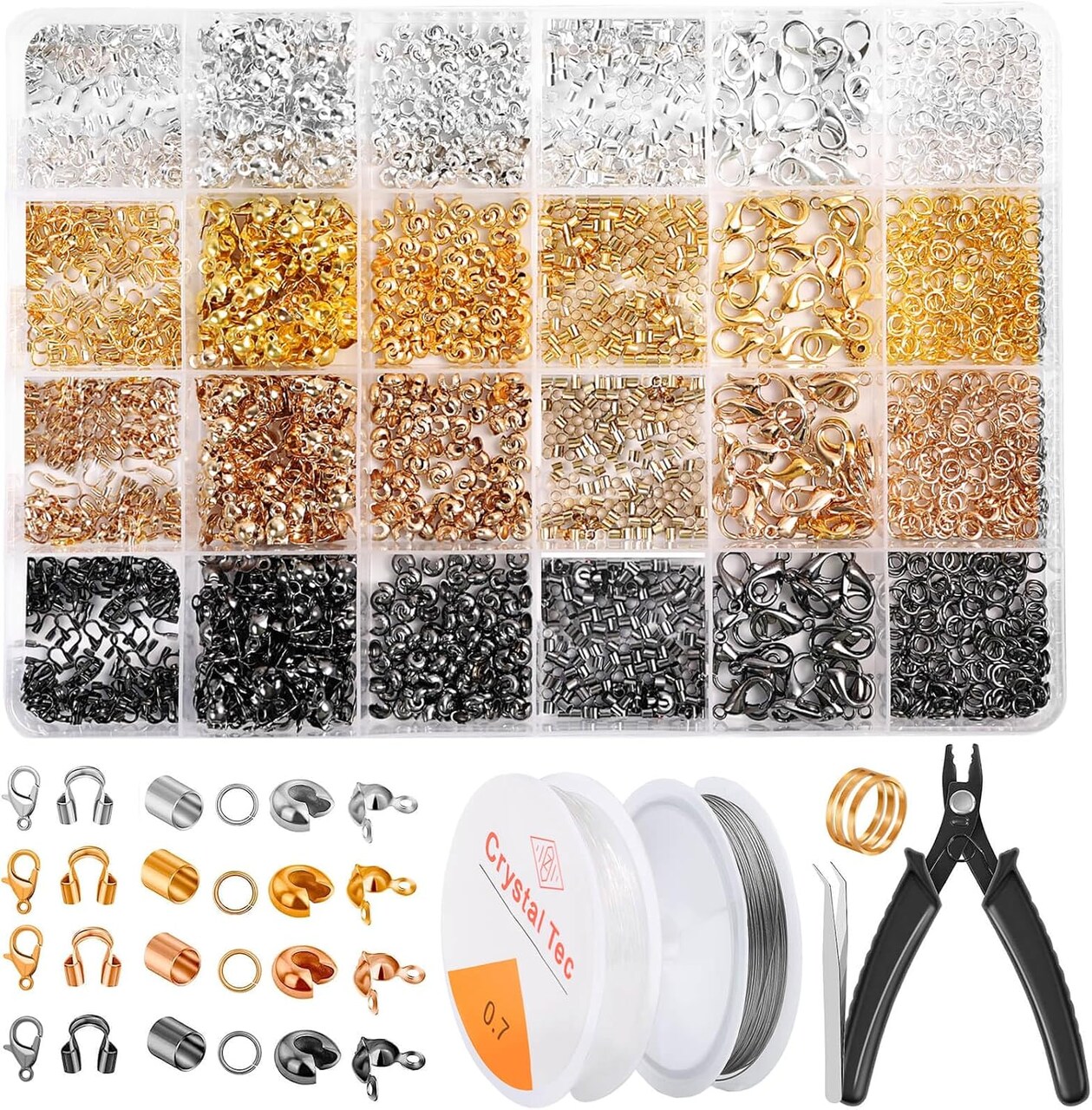 2160 Pieces Crimp Beads Kit for Jewelry Making, Knot Covers, Crimp Bead Covers, Crimp Tubes, Jump Rings and Wire Guardians with Crimping Pliers, Elastic String for Bracelets Necklaces Making